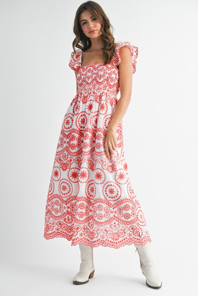 Red Embroidered Smocked Cutout Maternity Midi Dress