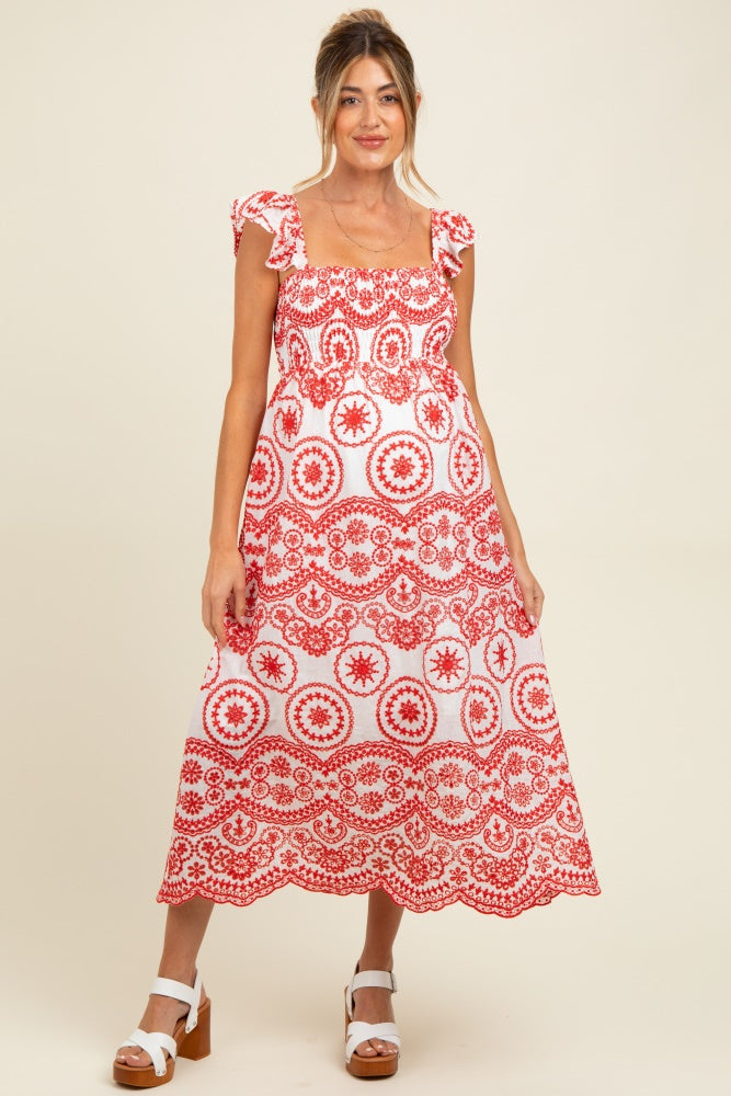 Red Embroidered Smocked Cutout Maternity Midi Dress