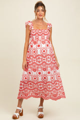 Red Embroidered Smocked Cutout Maternity Midi Dress