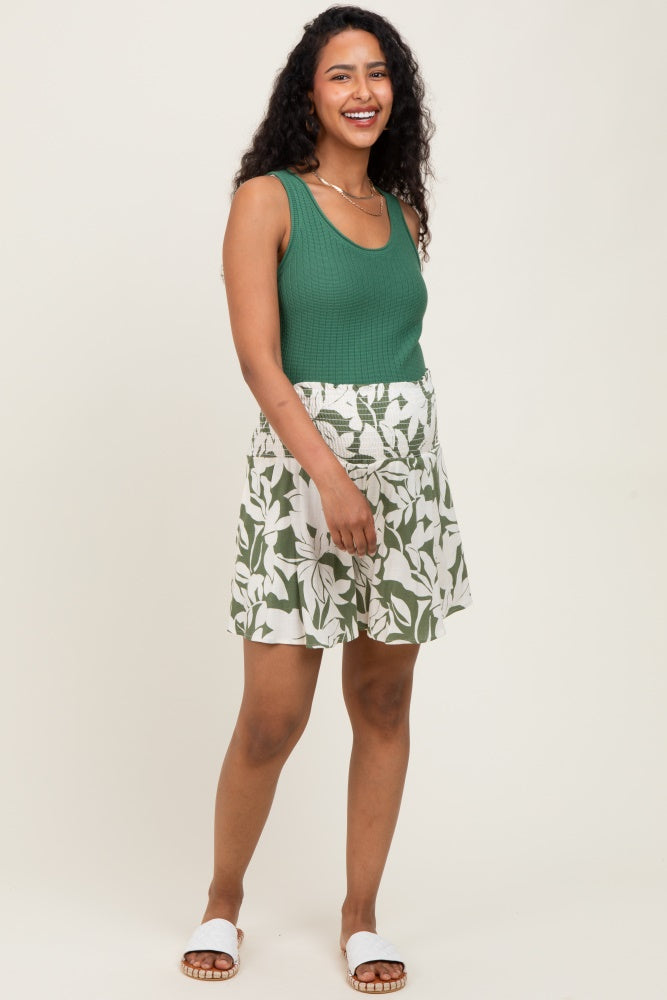 Light Olive Floral Smocked Waist Maternity Shorts