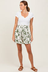 Light Olive Floral Smocked Waist Shorts