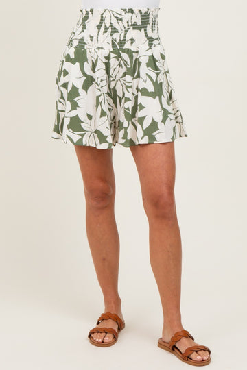 Light Olive Floral Smocked Waist Shorts