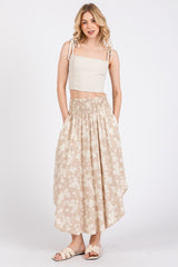 Beige Floral Smocked Waist Round Hem Maxi Skirt