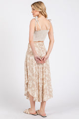 Beige Floral Smocked Waist Round Hem Maxi Skirt