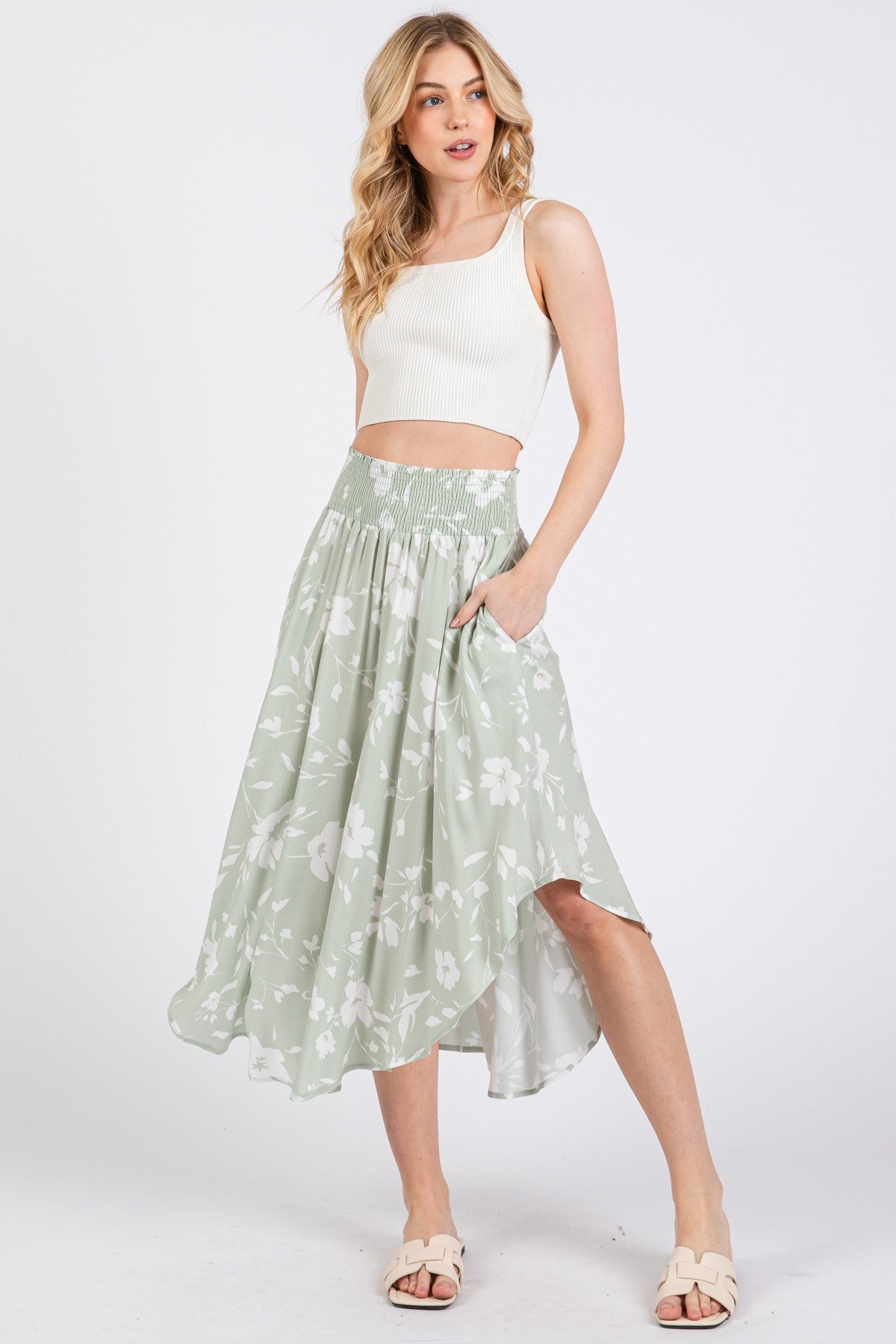 Light Olive Floral Smocked Waist Round Hem Maternity Midi Skirts