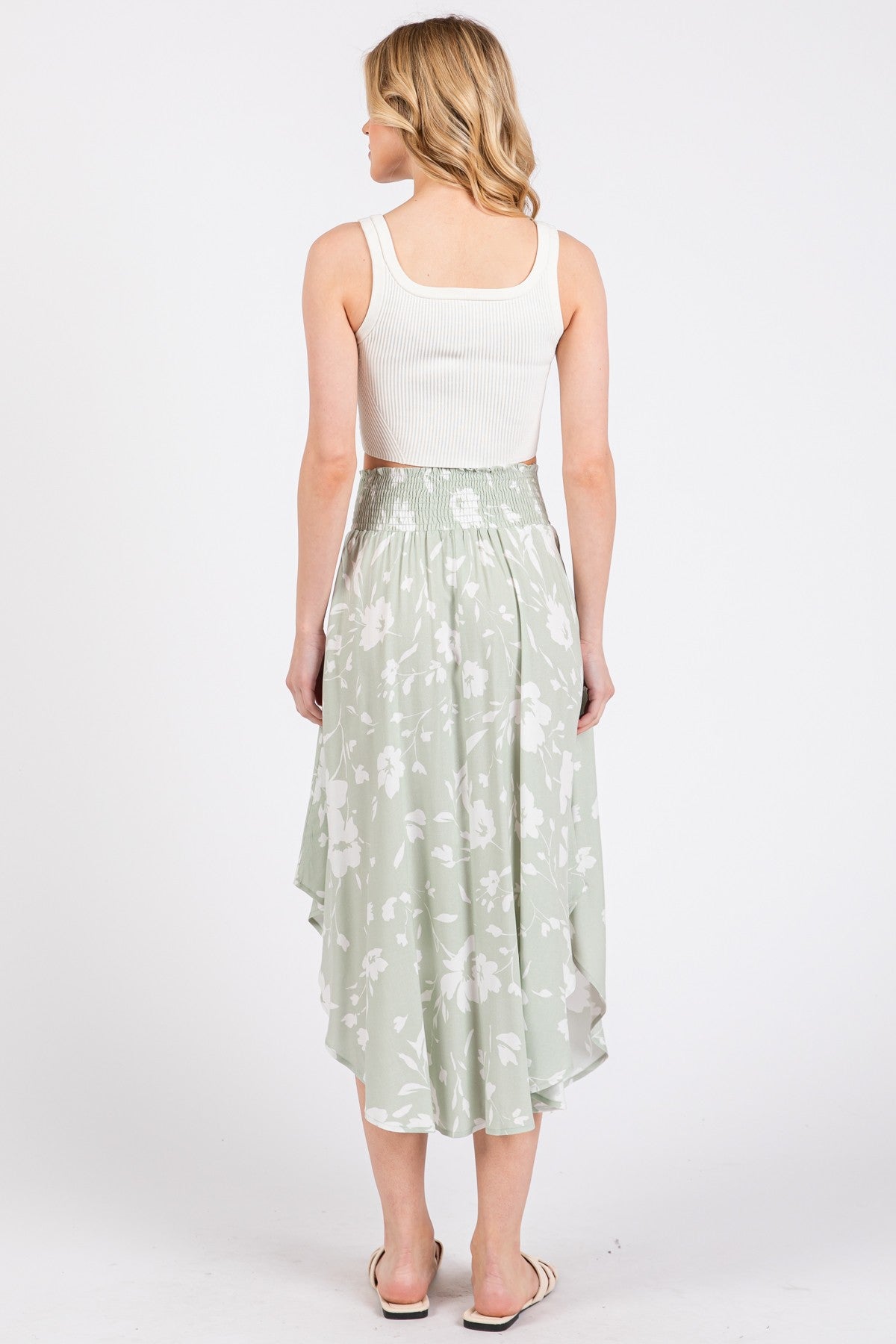Light Olive Floral Smocked Waist Round Hem Midi Skirts