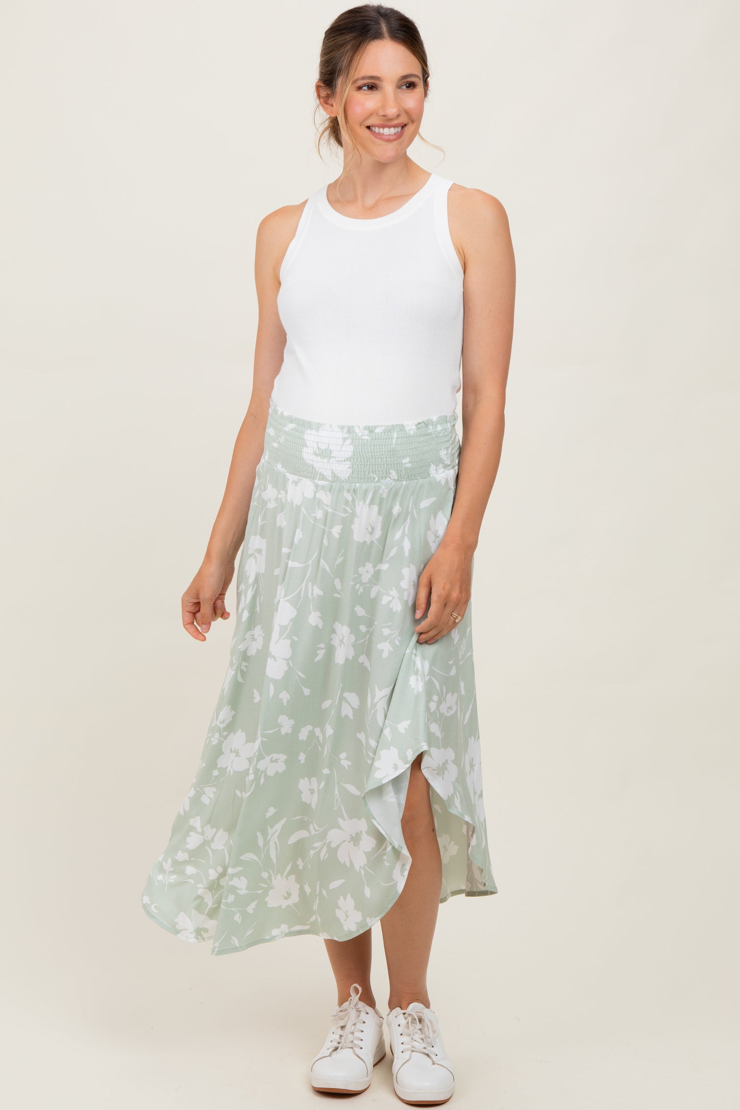 Light Olive Floral Smocked Waist Round Hem Maternity Midi Skirts