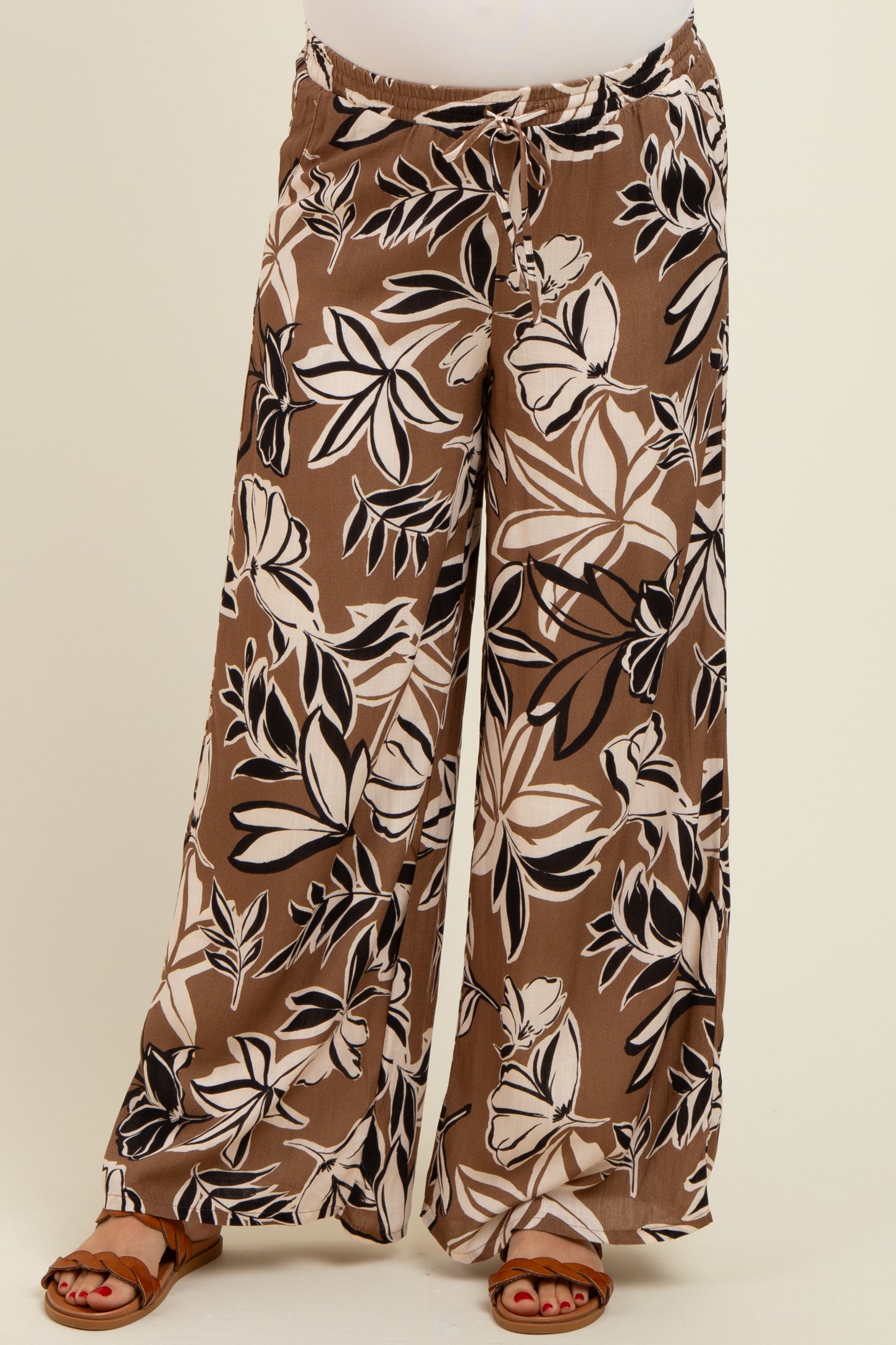Mocha Floral Drawstring Wide Leg Maternity Pants