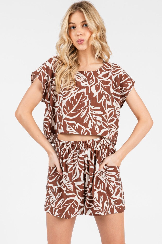 Brown Floral Side Pocket Maternity Shorts