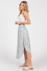 Blue Printed Smocked Waist Round Hem Midi Skirt