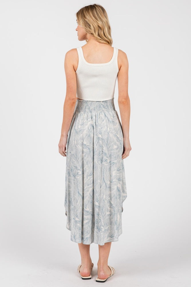 Blue Printed Smocked Waist Round Hem Midi Skirt