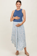 Blue Printed Smocked Waist Round Hem Maternity Midi Skirt