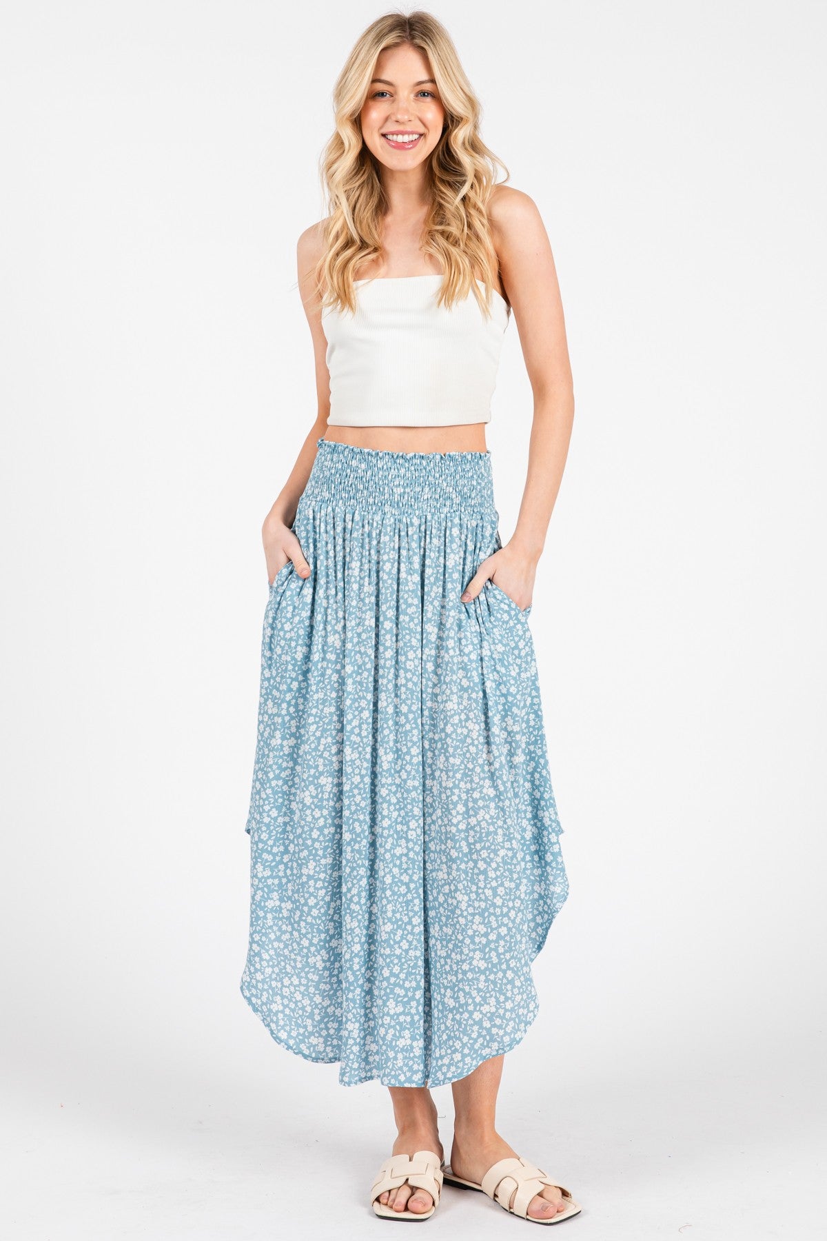 Blue Floral Smocked Waist Round Hem Midi Skirt