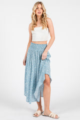 Blue Floral Smocked Waist Round Hem Midi Skirt