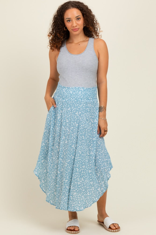 Blue Floral Smocked Waist Round Hem Maternity Midi Skirt