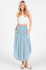 Blue Floral Smocked Waist Round Hem Maternity Midi Skirt