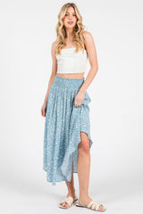 Blue Floral Smocked Waist Round Hem Midi Skirt