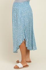 Blue Floral Smocked Waist Round Hem Maternity Midi Skirt