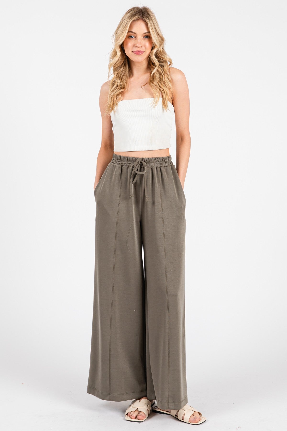 Olive Drawstring Wide Leg Pants