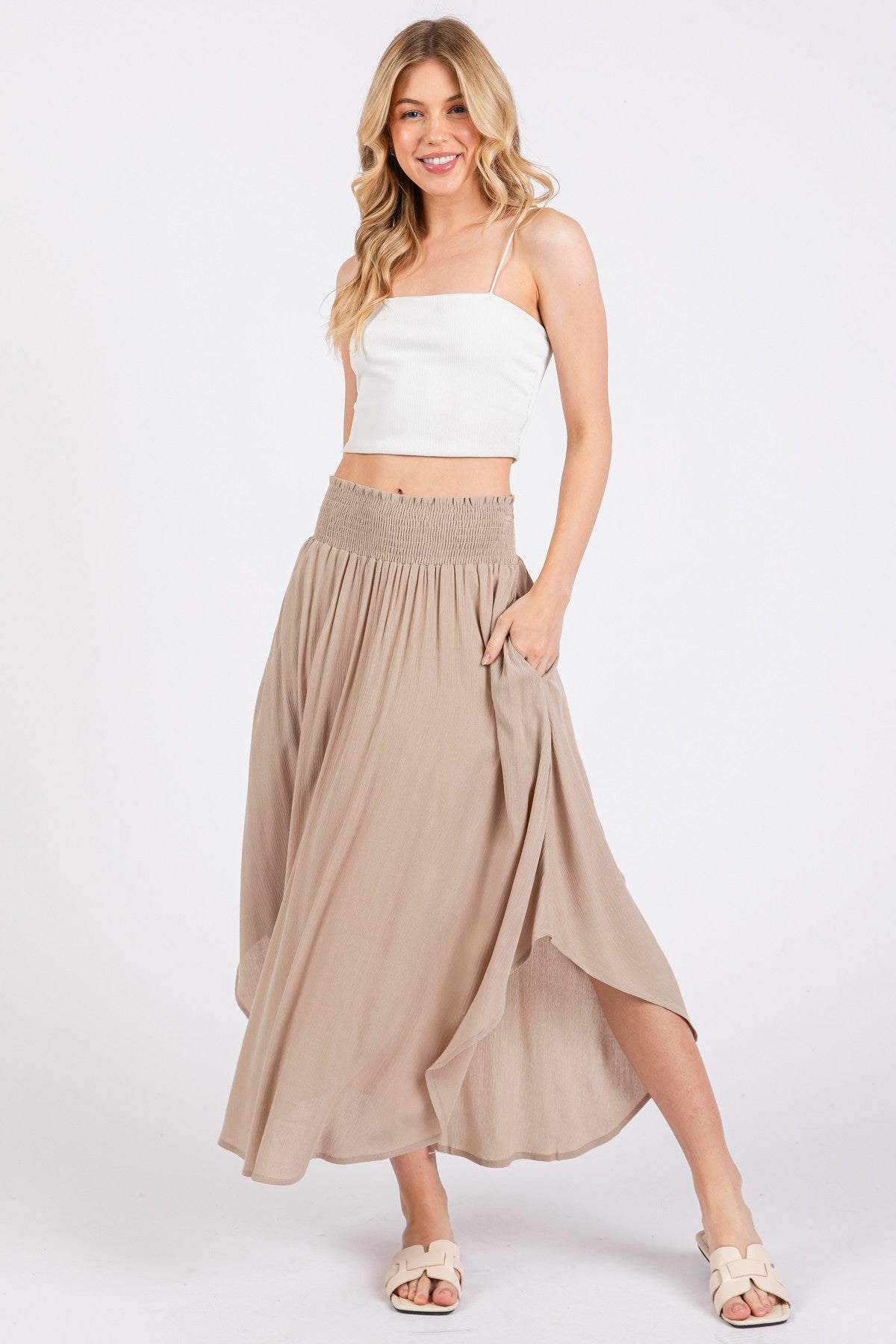 Beige Smocked Waist Rounded Hem Skirt