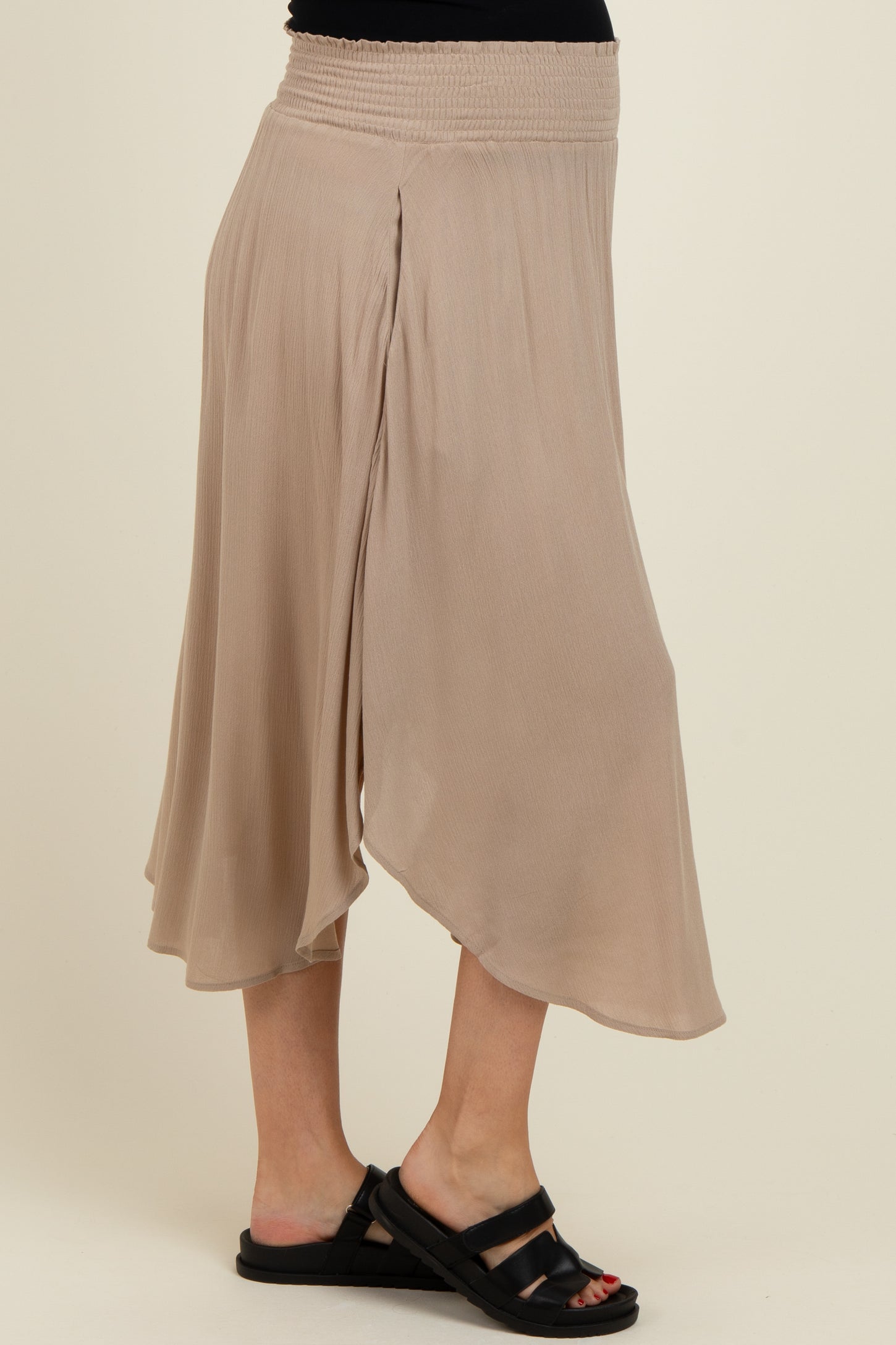 Beige Smocked Waist Rounded Hem Maternity Skirt