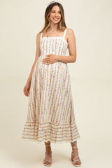 Cream Floral Textured Cotton Lace Trim Maternity Maxi Dress