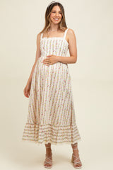 Cream Floral Textured Cotton Lace Trim Maternity Maxi Dress