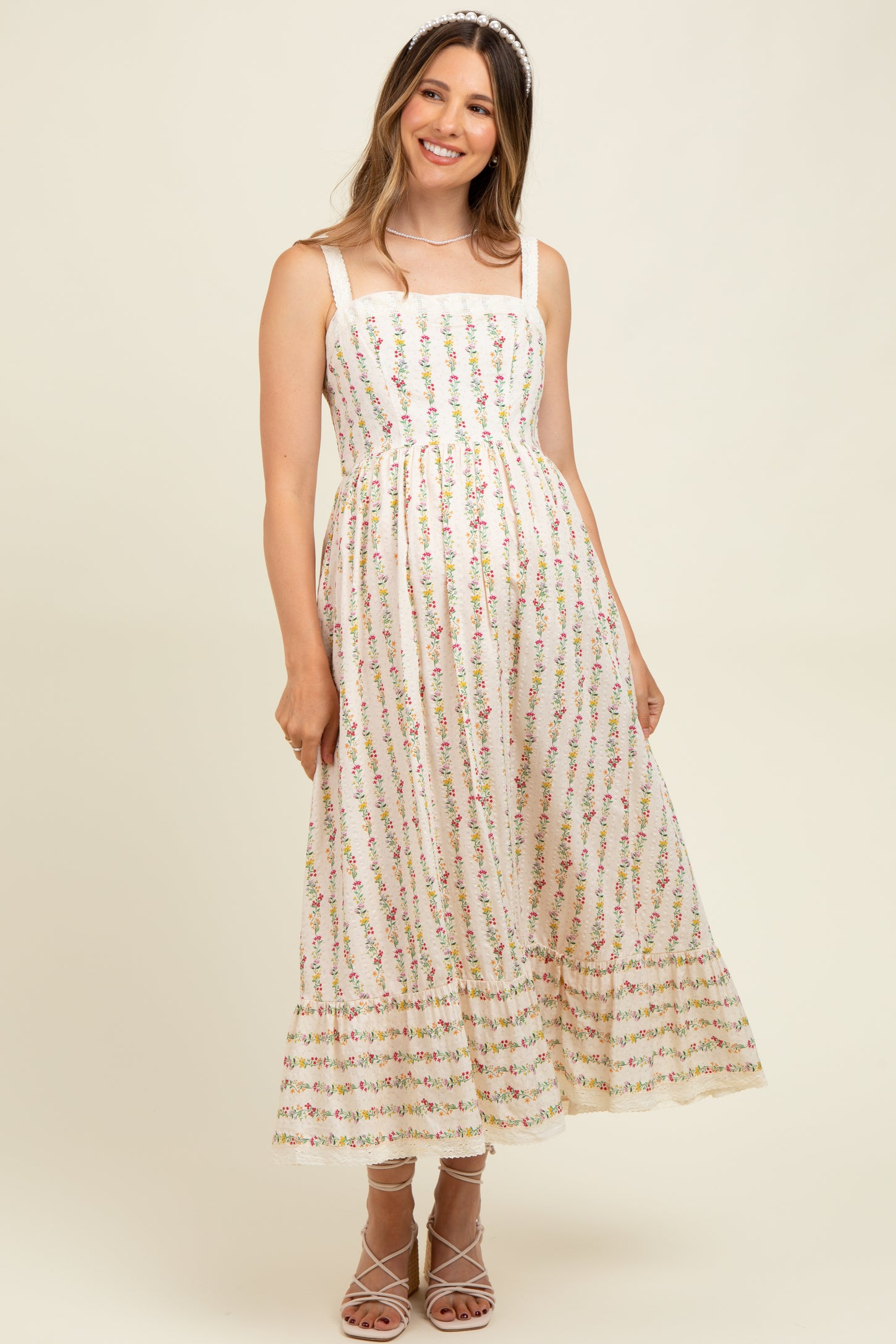 Cream Floral Textured Cotton Lace Trim Maternity Maxi Dress