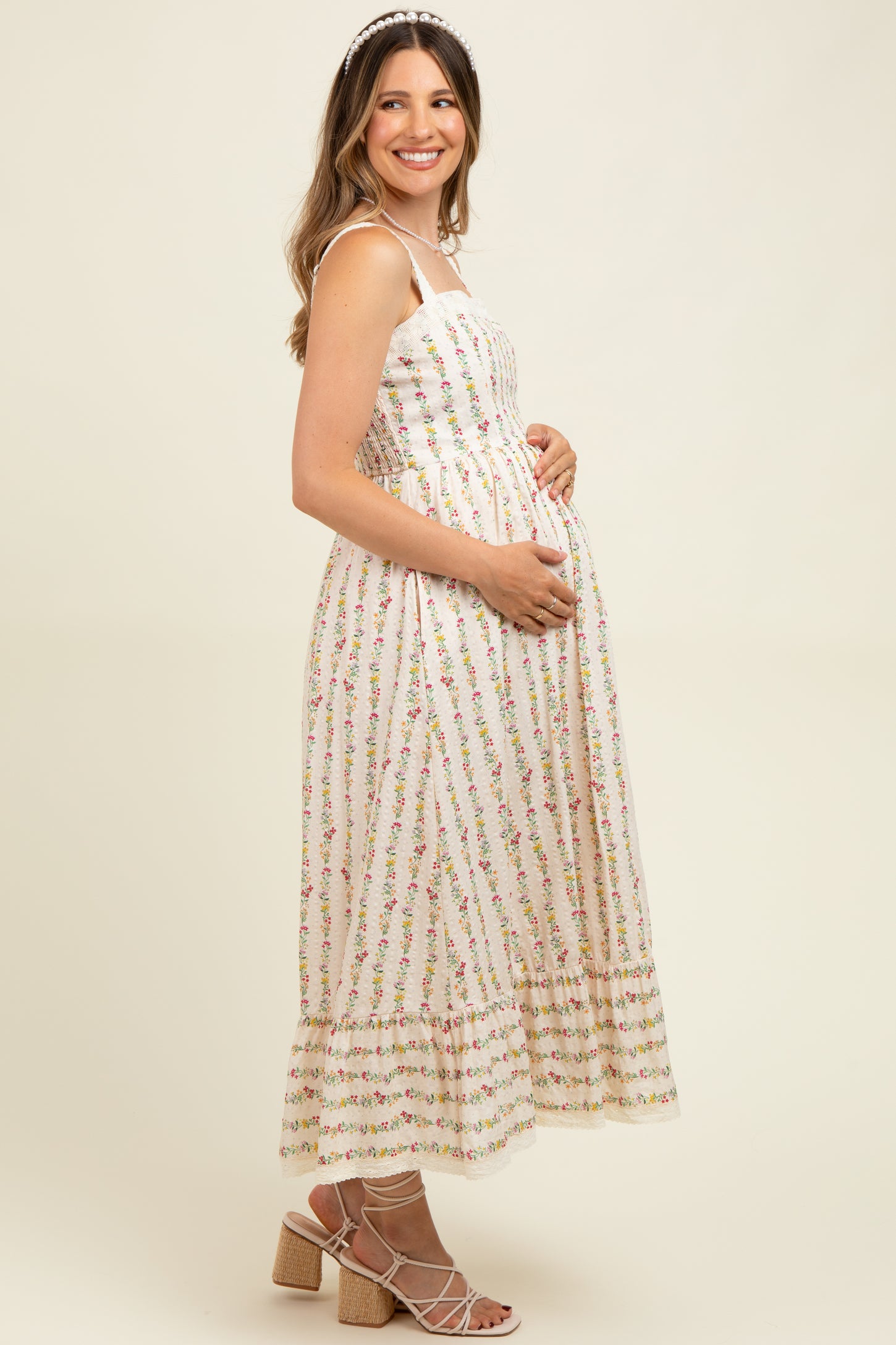 Cream Floral Textured Cotton Lace Trim Maternity Maxi Dress