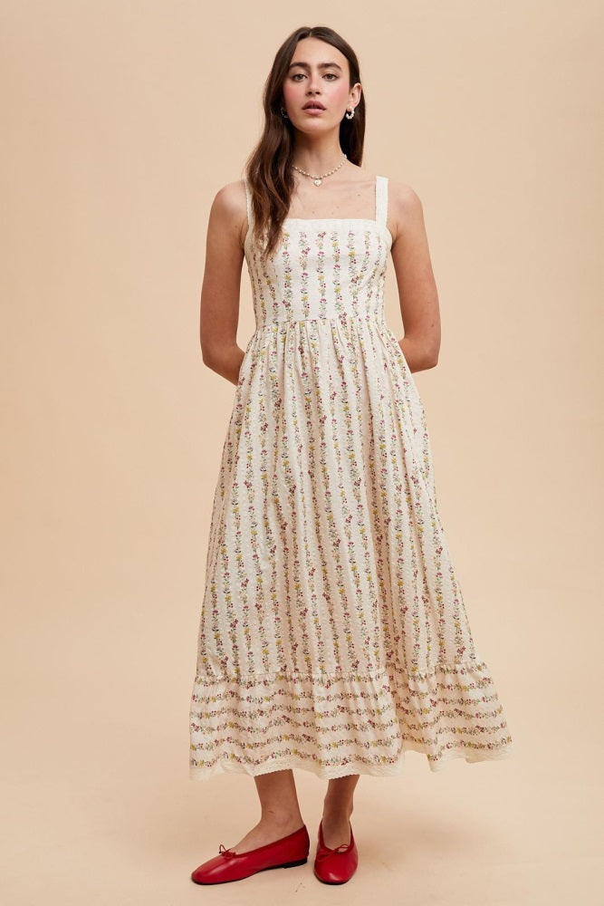 Cream Floral Textured Cotton Lace Trim Maternity Maxi Dress