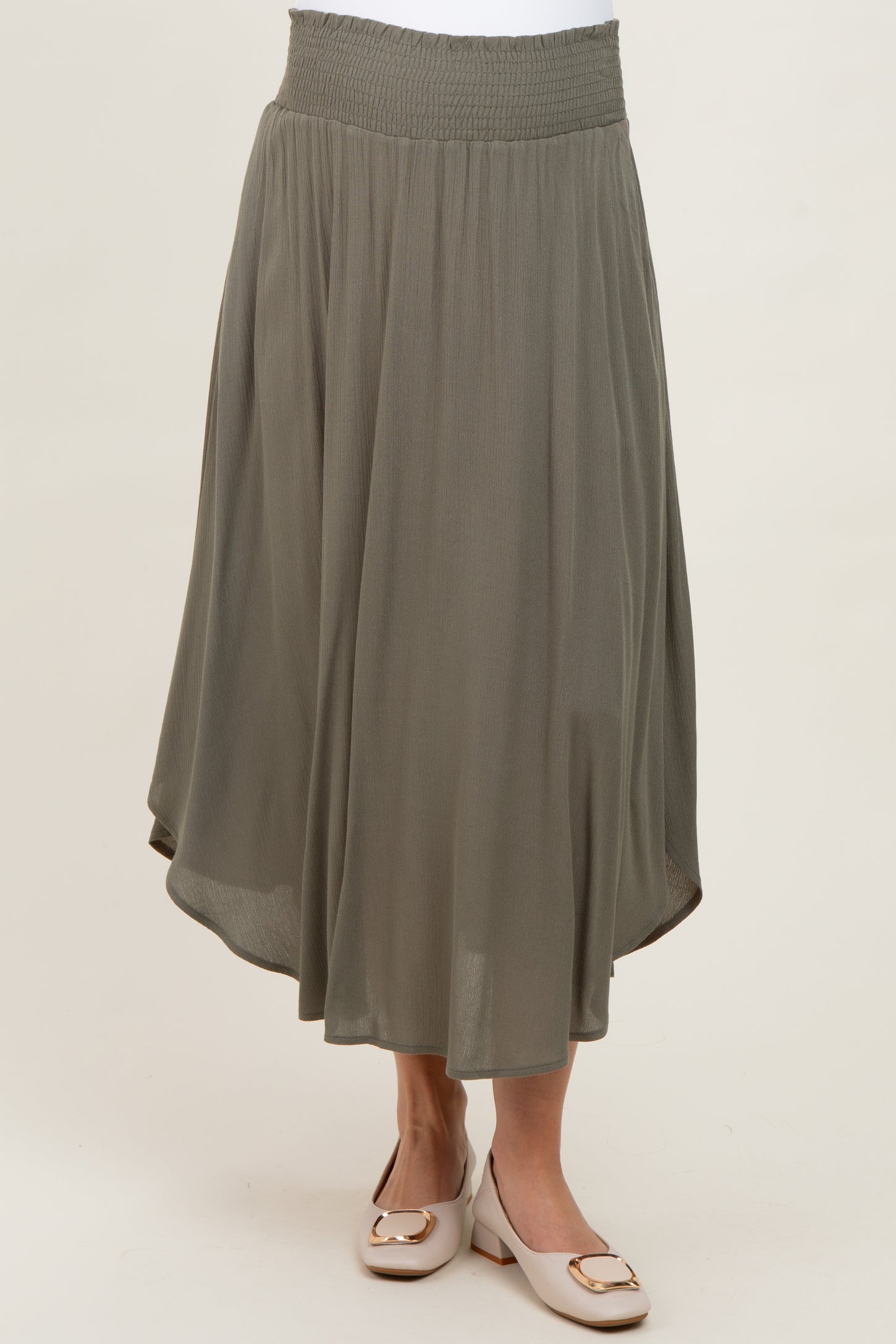 Olive Smocked Waist Rounded Hem Maternity Skirt