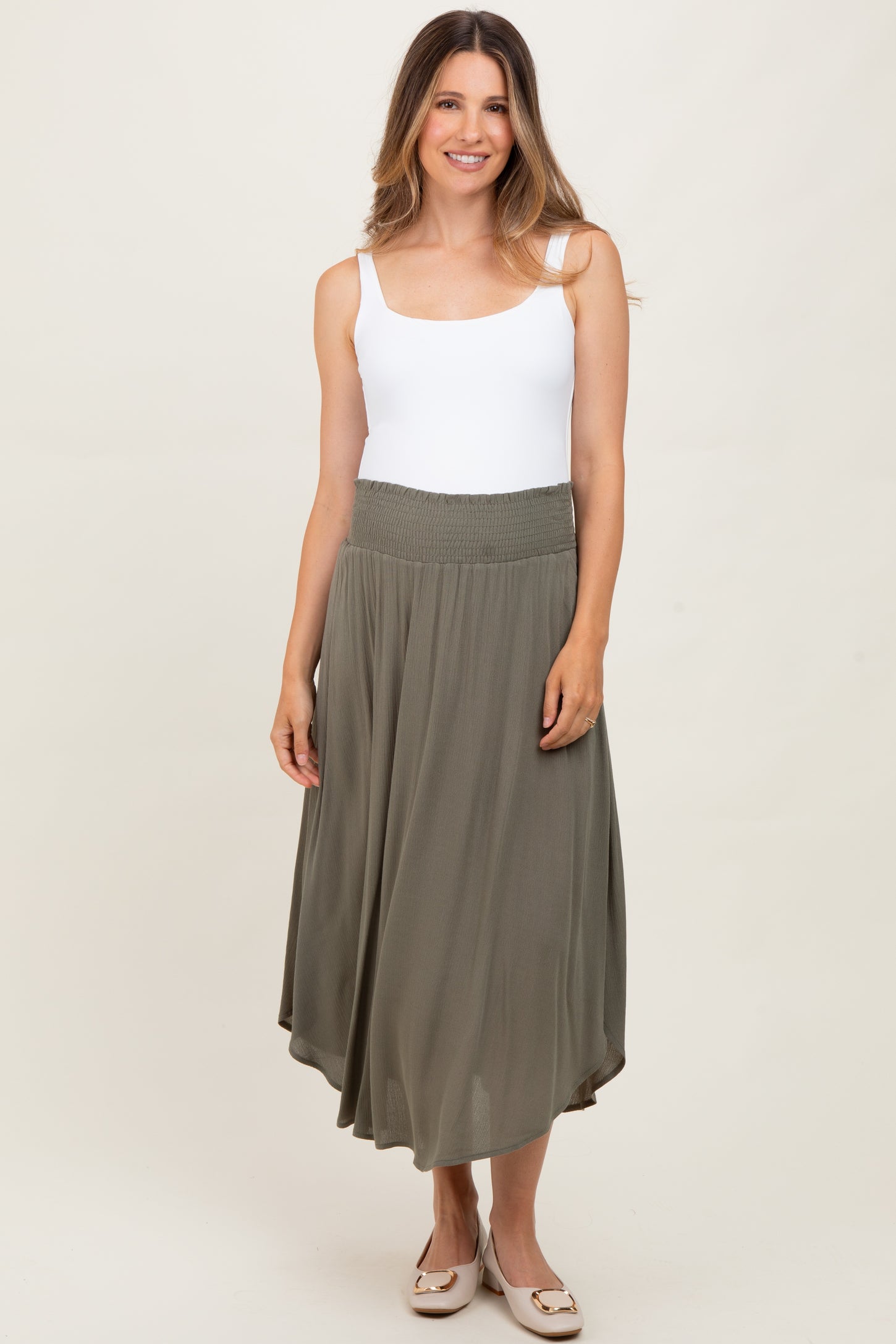 Olive Smocked Waist Rounded Hem Maternity Skirt