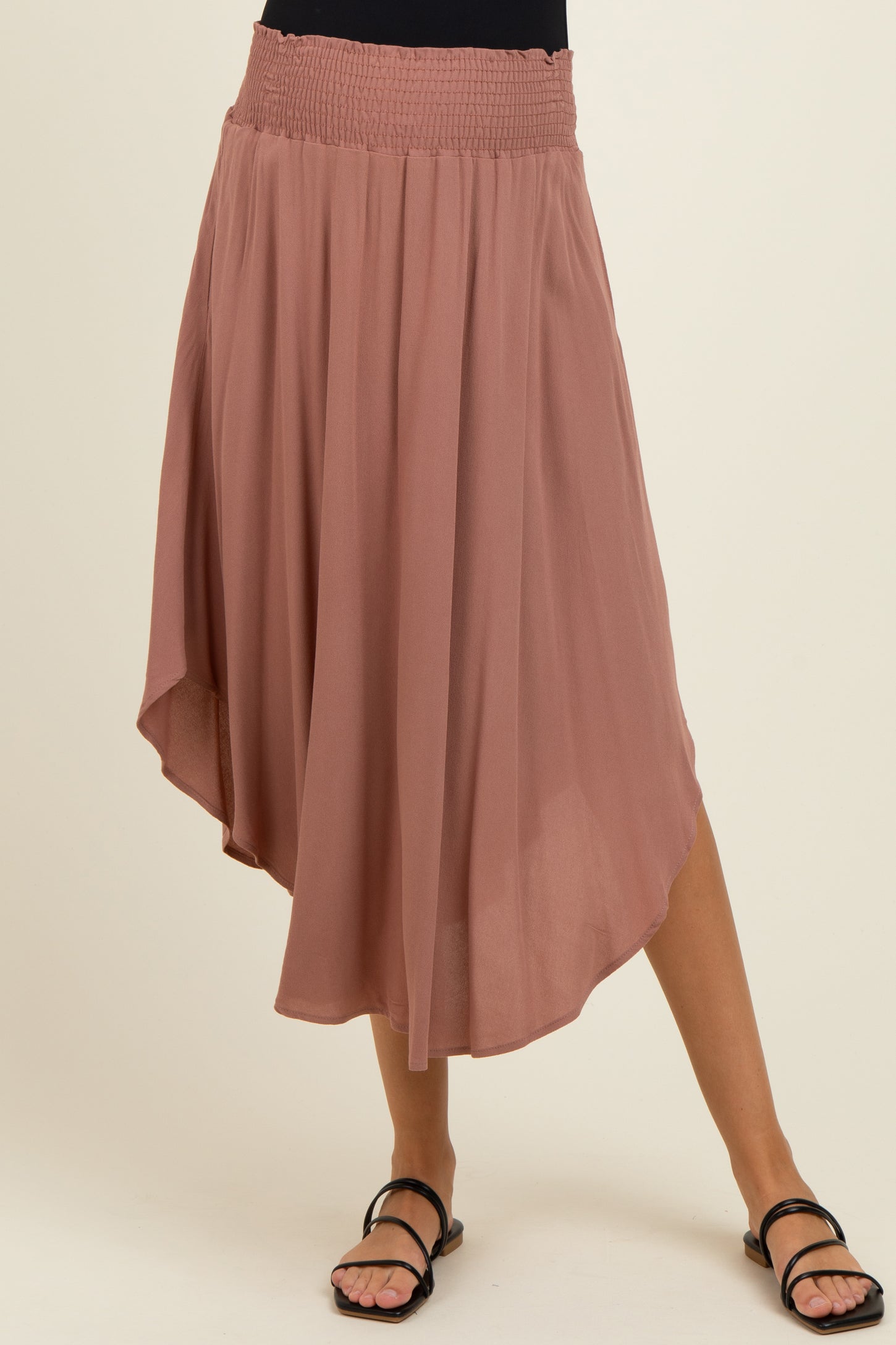 Mauve Smocked Waist Rounded Hem Maternity Midi Skirt