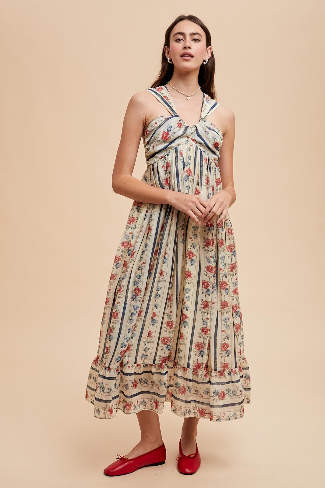 Multi Color Striped Floral Cotton Maxi Dress