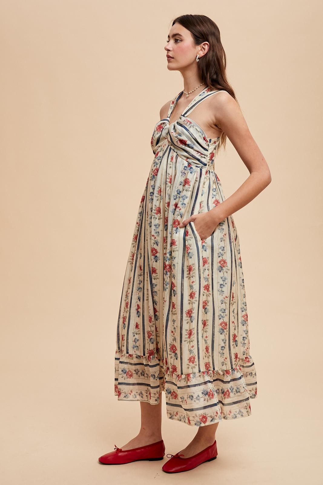 Multi Color Striped Floral Cotton Maxi Dress