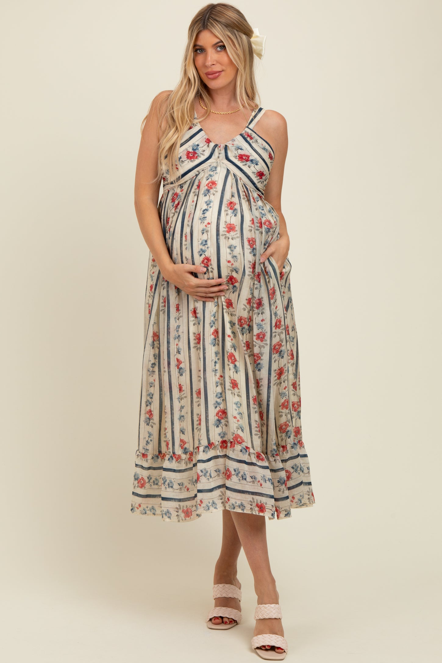 Multi Color Striped Floral Cotton Maternity Maxi Dress