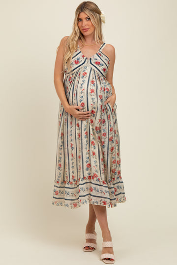 Multi Color Striped Floral Cotton Maternity Maxi Dress