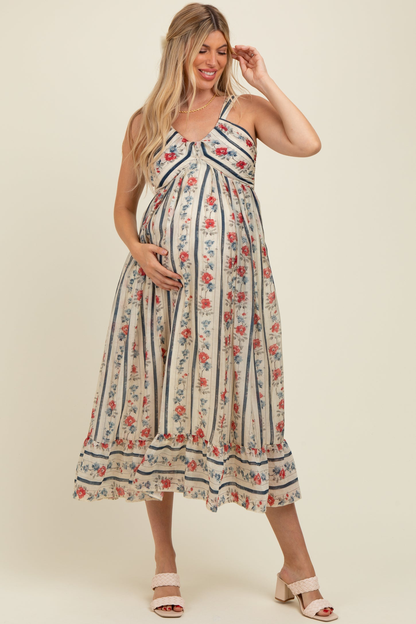Multi Color Striped Floral Cotton Maternity Maxi Dress