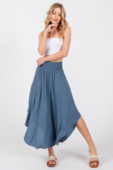 Blue Smocked Waist Rounded Hem Midi Skirt