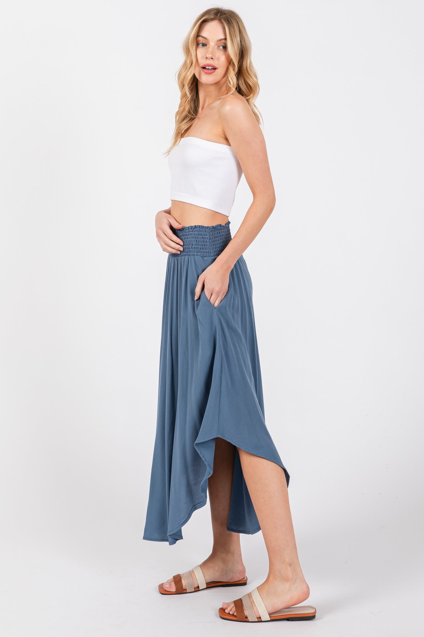 Blue Smocked Waist Rounded Hem Midi Skirt