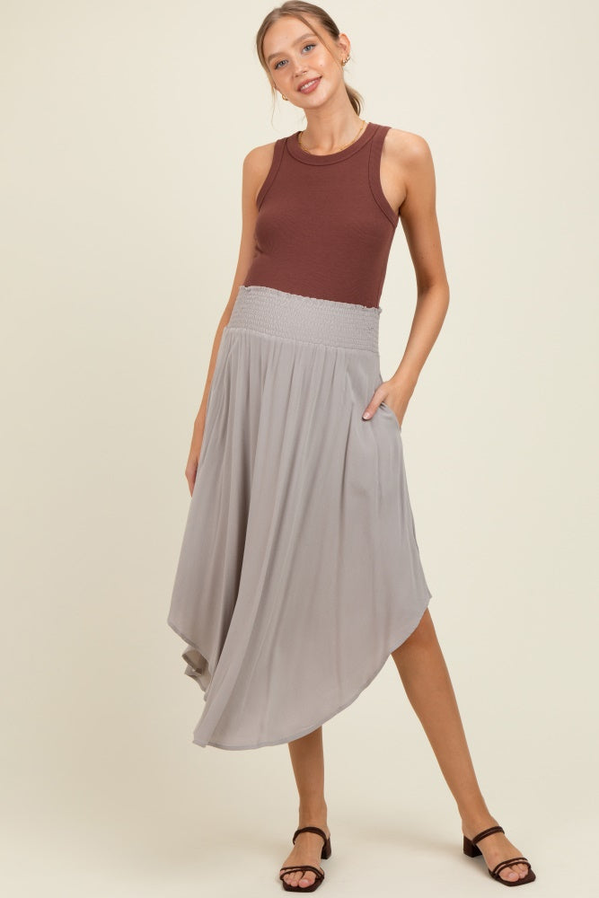 Light Grey Smocked Waist Rounded Hem Maternity Midi Skirt