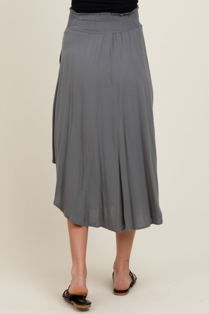 Charcoal Smocked Waist Rounded Hem Maternity Midi Skirt