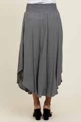 Charcoal Smocked Waist Rounded Hem Midi Skirt