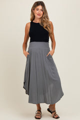 Charcoal Smocked Waist Rounded Hem Maternity Midi Skirt