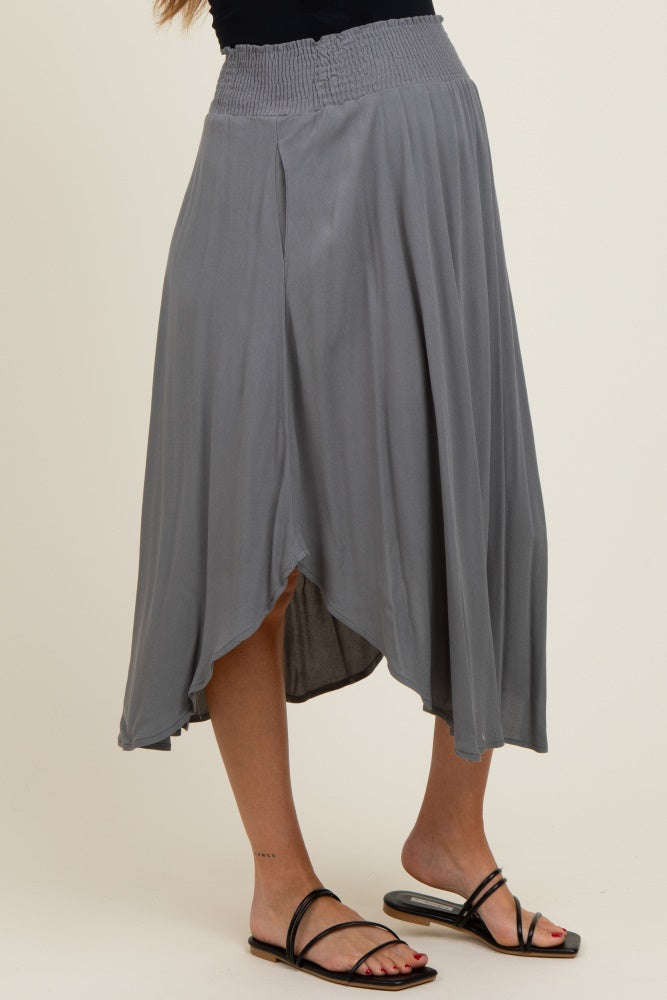 Charcoal Smocked Waist Rounded Hem Maternity Midi Skirt