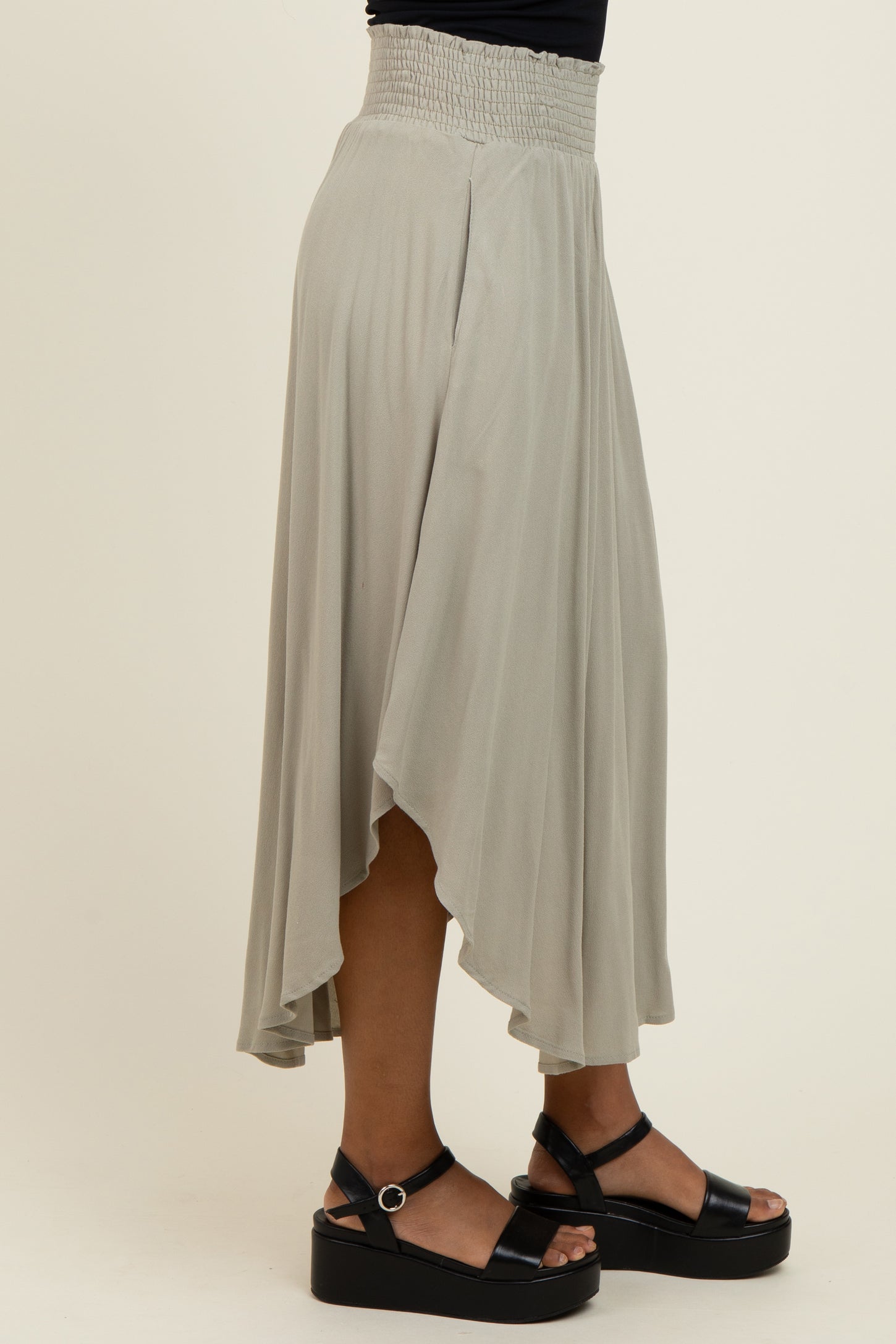 Light Olive Smocked Waist Rounded Hem Midi Skirt