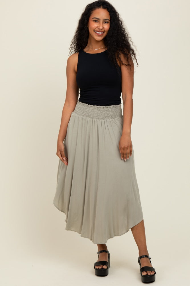 Light Olive Smocked Waist Rounded Hem Maternity Midi Skirt