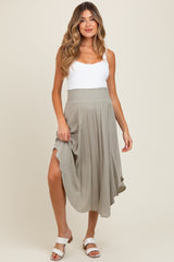 Light Olive Smocked Waist Rounded Hem Maternity Midi Skirt