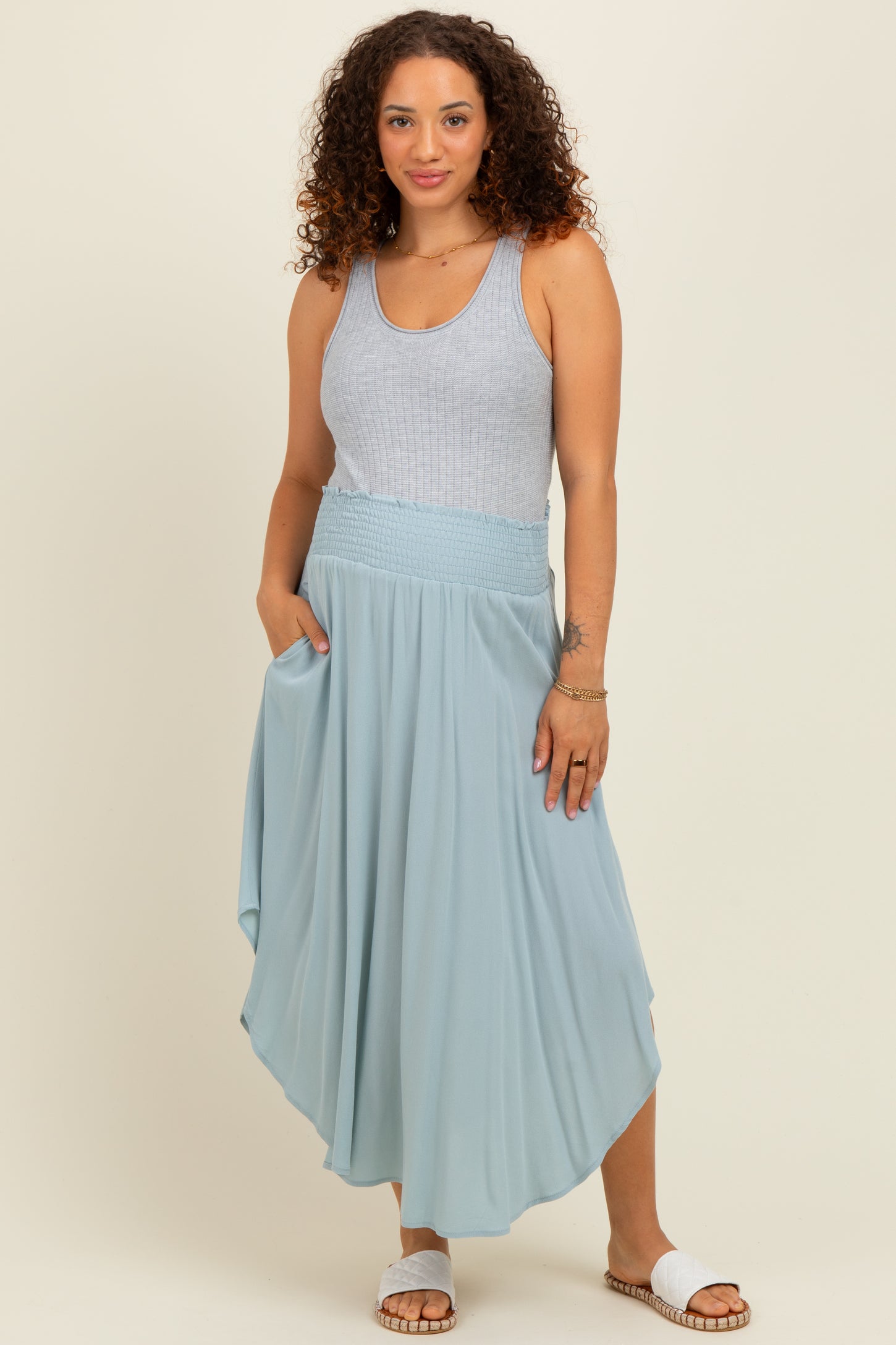 Light Blue Smocked Waist Rounded Hem Maternity Midi Skirt