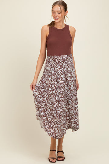 Brown Floral Smocked Waist Side Slit Maternity Skirt